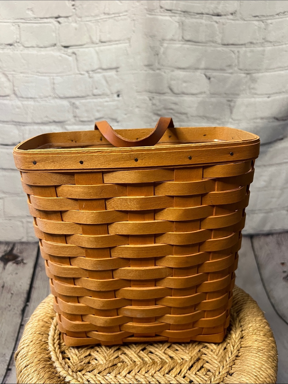 Vintage Longaberger Handwoven Wall Basket Leather Straps Plastic Protector